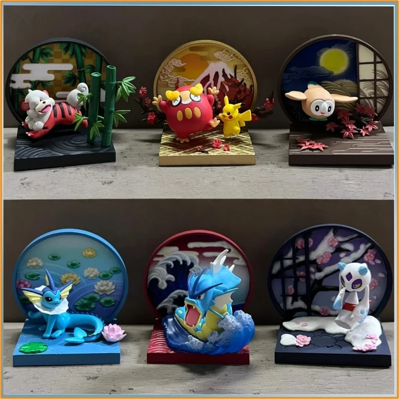 

Genuine Re-Ment Pokemon Japanese Style Window Scene Screen Gyarados Rowlet Miniature Scene Blind Box Model Toy Gift