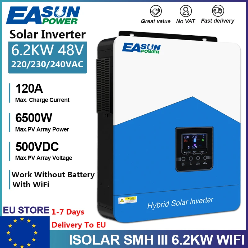 محول طاقة شمسية هجين من EASUN مع W-W-48 W 24V 12V 230vac موجة جيبية نقية 80A 120A شاحن MPPT محول خارج الشبكة