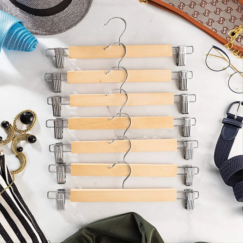 5PCS High-Grade Wooden Pants Hangers with Stainless Steel Clips Solid Wood Skirt Hanger Trousers Rack Clip Clothes Pegs MJ