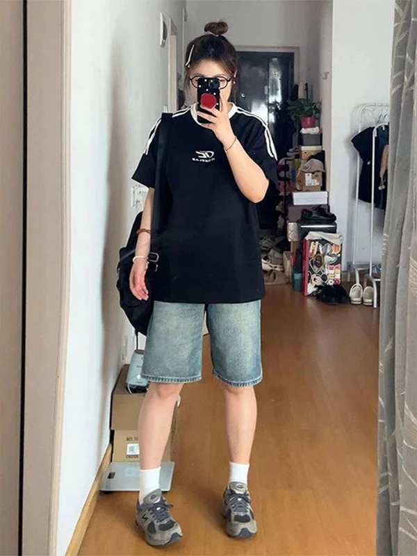 

plus Size 300 Pou ex Vintage Denim orts Loose Slimming Five-Quarter Wide Leg Pants mid Waist Jeans Summer New Sle