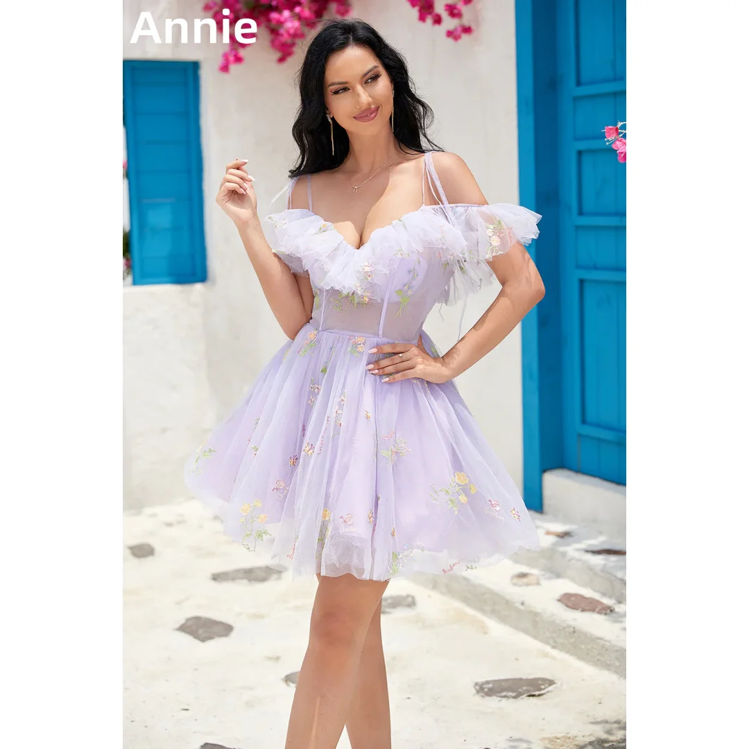 Annie Pale Purple Prom Dresses Embroidered Florals Tulle Fairy Evening Dresses Short A-line Ankle-lengthh Vestidos De Fiesta