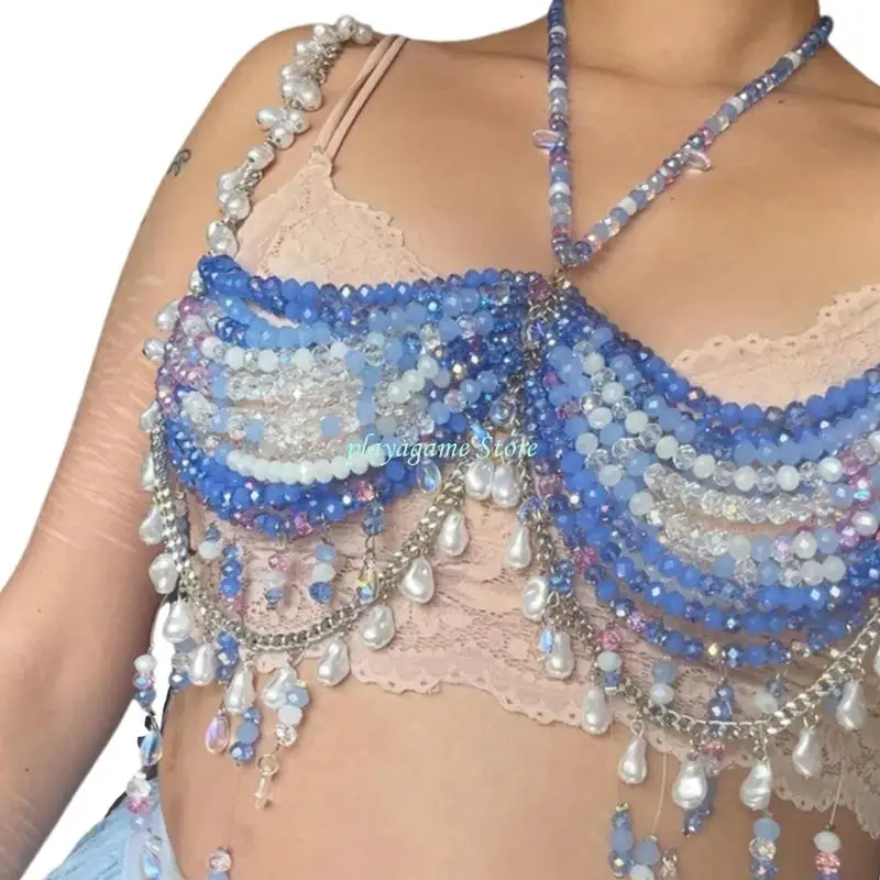 

Y88A Women's Gradients Colorful Beads Chest Harness Halter Neck Tassels Body Jewelry Bra Crop Top For Beach Parties Clubwear