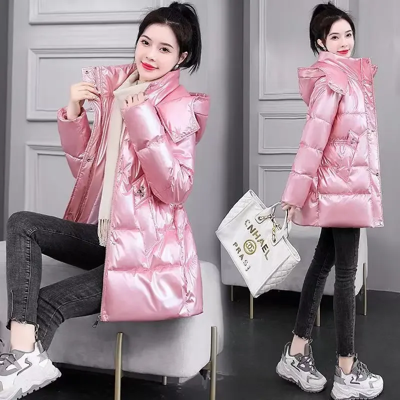 Wash Bright Face Down Cotton-padded Jacket Women Winter Korean Version of Waist Cotton-padded Jacket Fashion Long Cotton-padded