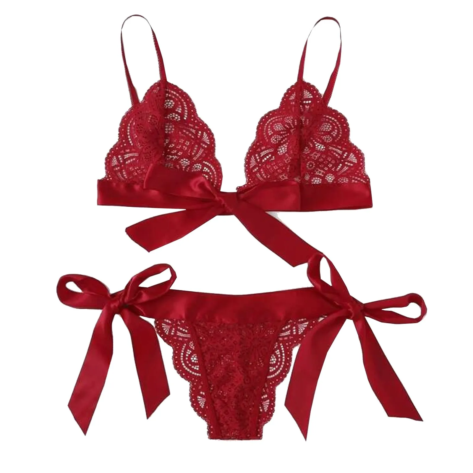 Dames Effen Kleur Sexy Lingerie Set Strik Veters Lingerie 2-delige Set Met Dunne Schouderband Diepe V-Hals Sexy Top En String