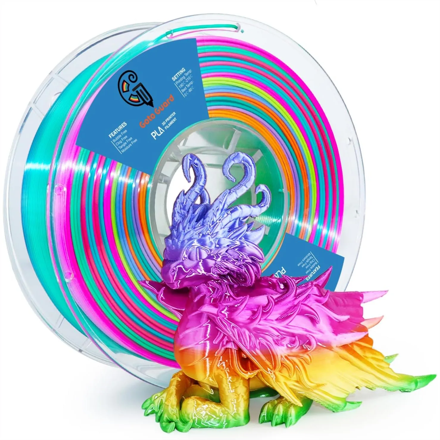 

Silk Rainbow PLA Filament 1.75mm Multicolor Changing with Green Blue Purple Pink Yellow, 1kg Spool for FDM 3D Printer