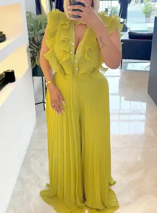 Mode Dames Zomer Nieuwe V-hals Ruche Rand Decoratie Hoge taille Mouwloos Geplooid Wijde pijpen Jumpsuit Geschikt voor banketten