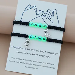 2pcs Glow in The Dark Bead Dinosaur Charm Bracelet Set Birthday Christmas Valentine's Day Gifts for Couple Friendship Sisters