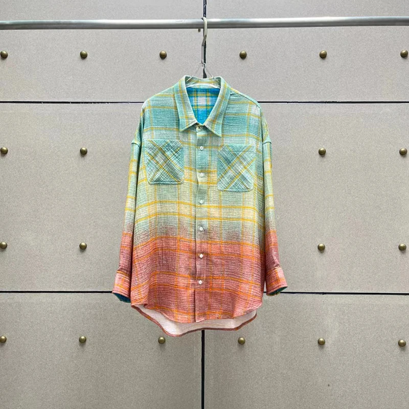 Plaid Gradient Ladies Shirt,Loose Casual Blouse,High Quality Cotton,Fashion,High Quality,2024.Summer,New,Y2K