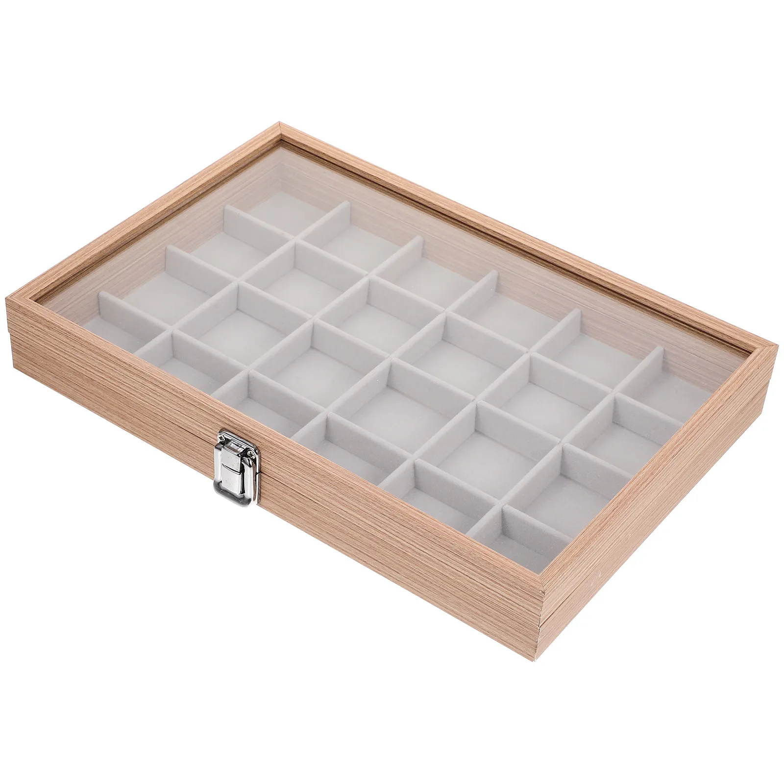 

Wooden Jewelry Box with Clear Glass Lid Multi Section Organizer for Earrings Ear Studs Necklaces Bracelets Rings Desktop Display