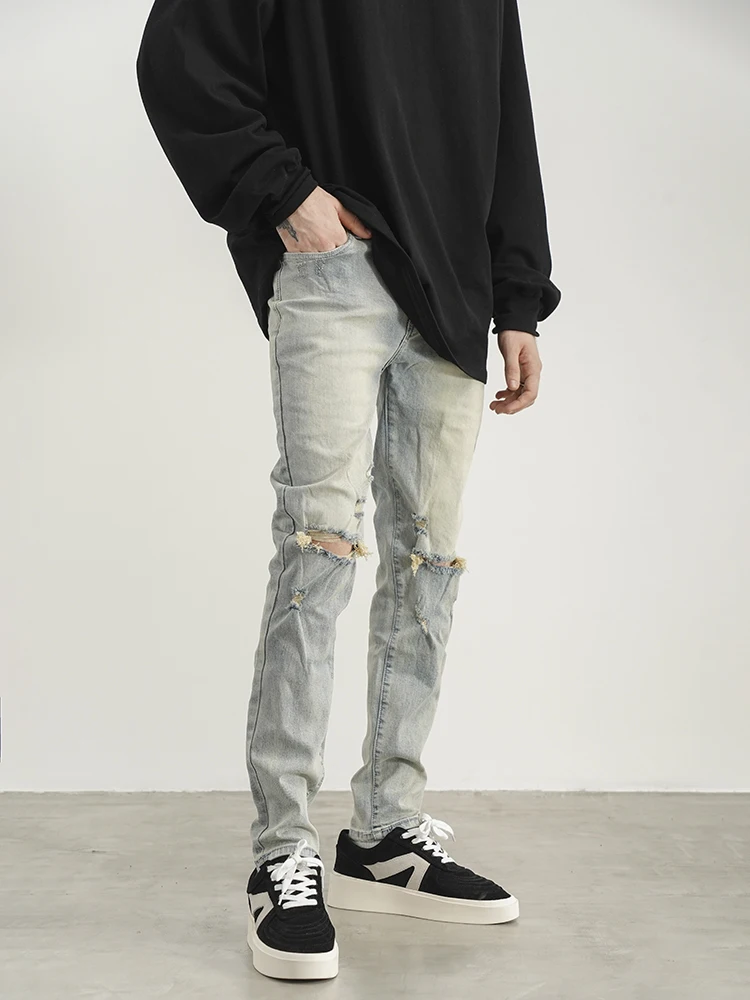 

European and American High Street Style Ripped Washed Distressed Jeans Hip Hop Trousers