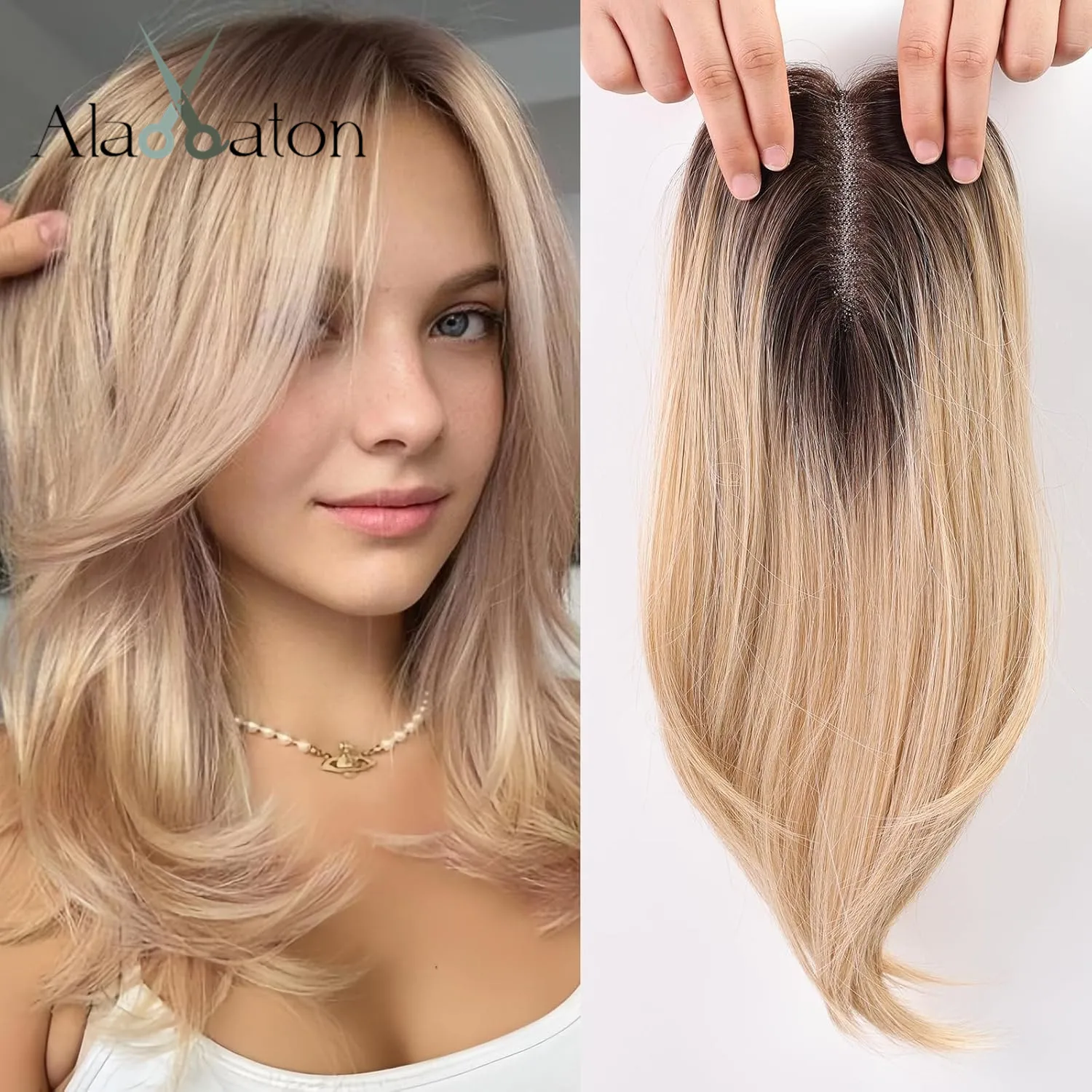 14 Inch Ombre Blonde Layered Hair Topper with Bangs for Women Synthetic Hair Toppers Swiss Base with 3 Clips for Thinning Hair