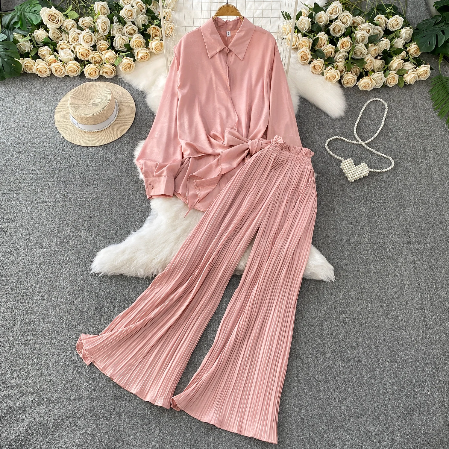 

Новая мода, элегантный костюм из двух предметов, женский дизайн, рубашка с длинными рукавами, топы, свободные плиссированные широкие брюки, комплекты женской одежды