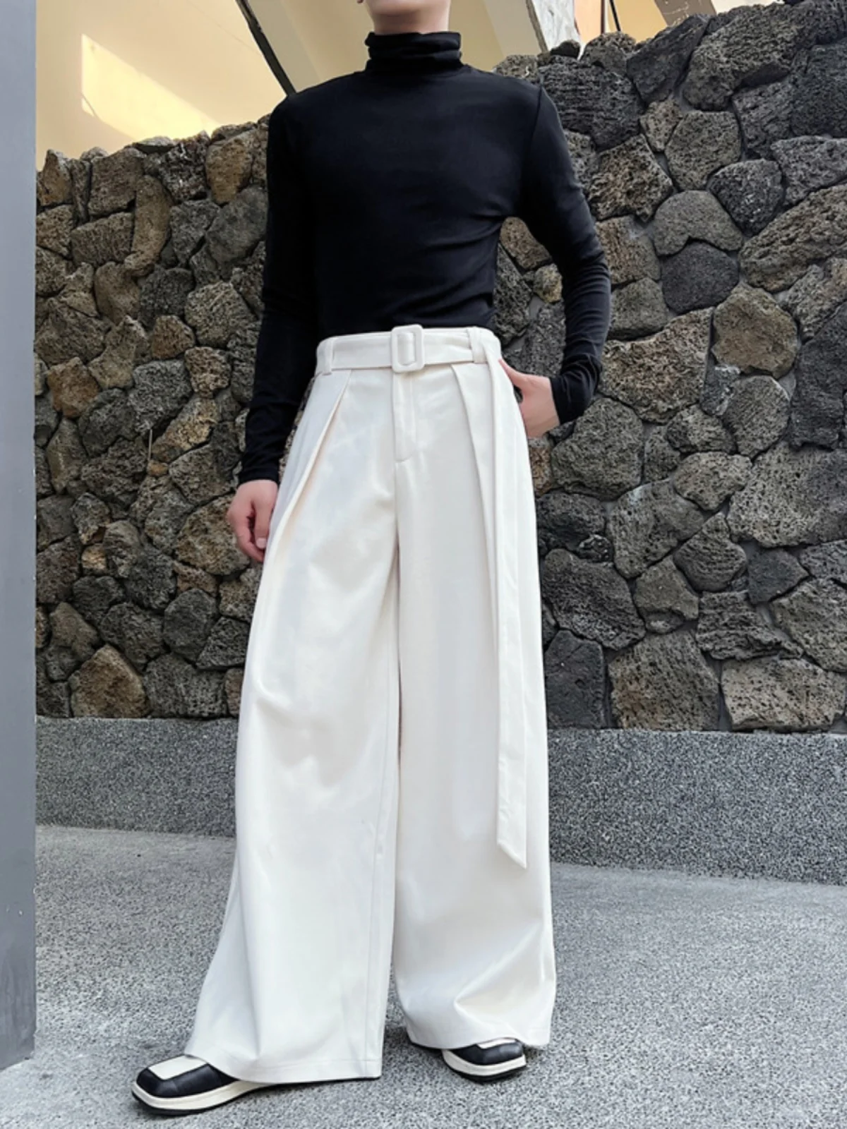 

Мужские повседневные широкие брюки на осень-зиму с поясом, шерстяные, в пол, свободного кроя