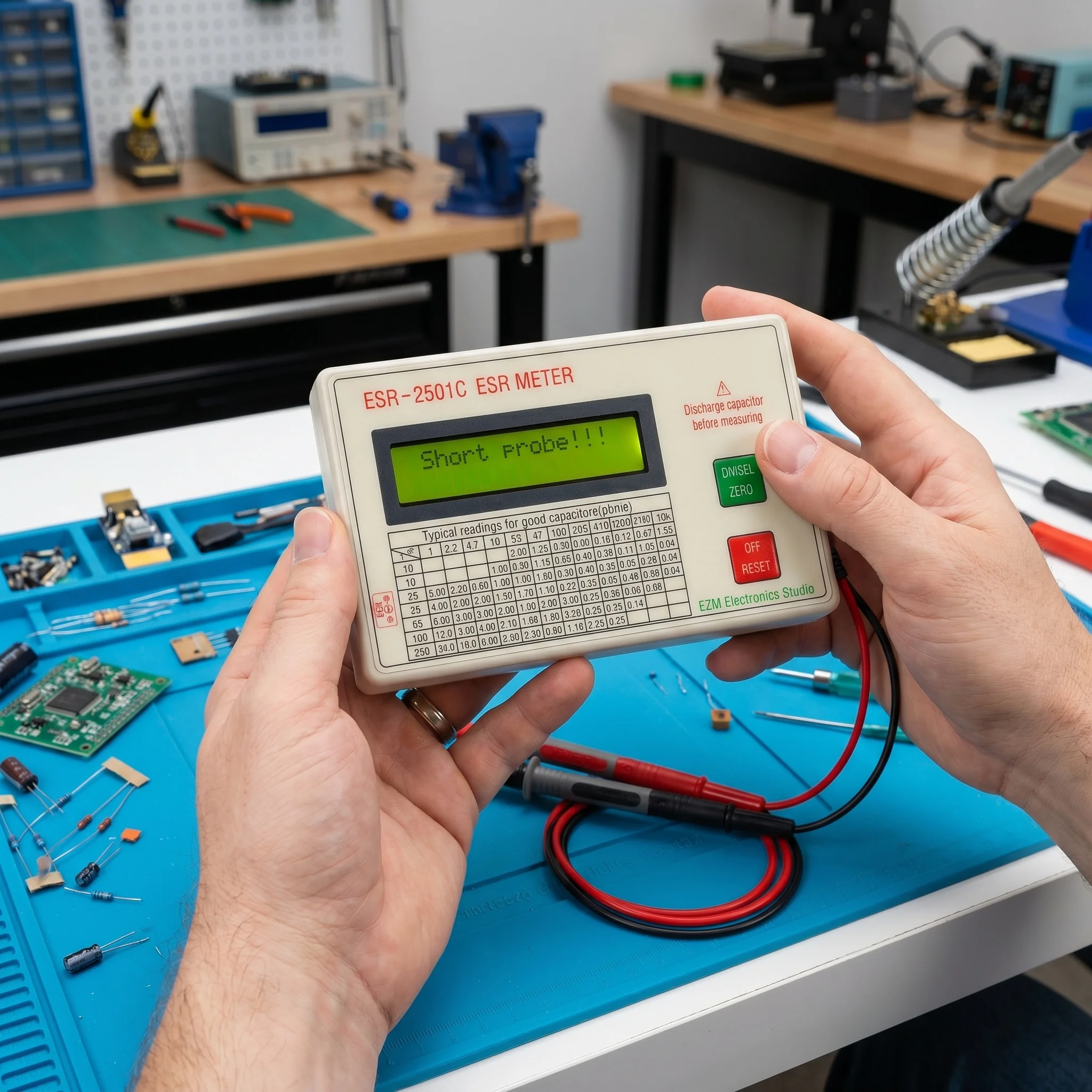 New ESR2501C Capacitor ESR DCR Tester Test In Circuit Capacitance Meter With Test Leads Clip Battery