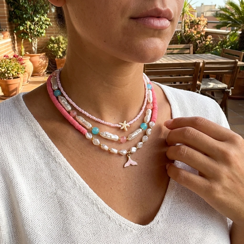 Böhmische Strandmuschel-Perlenkette für Frauen, handgefertigte Imitationsperlen-Kette mit Seestern-Anhänger, Urlaubsparty-Schmuck – Detail 1