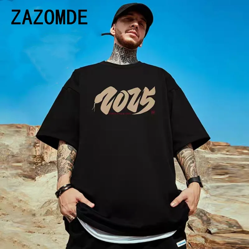 ZAZOMDE 2025 Printing Cotton T-Shirt Man Fashion Oversized Clothes Personalized Pattern Short Sleeve Crew Neck High Quality