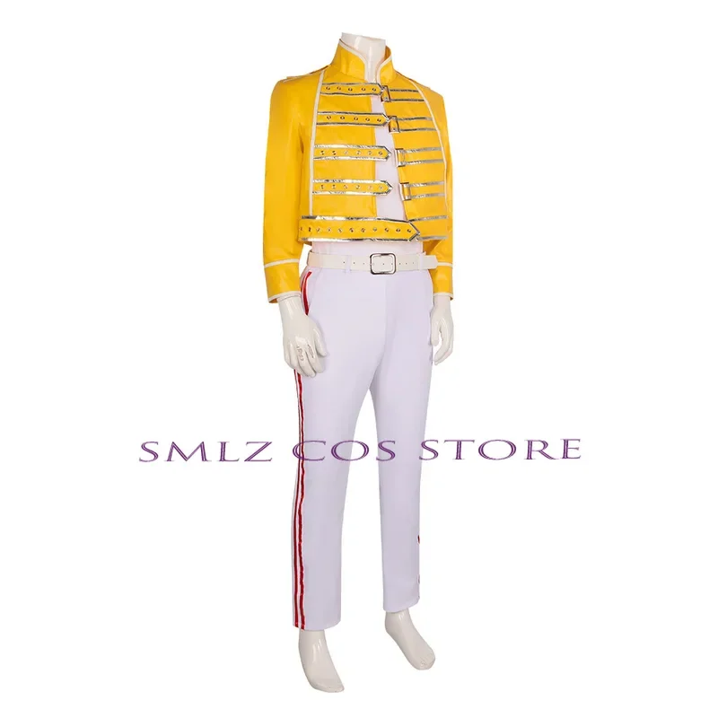 Cos freddy Mercury Cosplay Aniem Queen Lead Vocals Costume giallo cappotto uniforme vestito Halloween Party Performance Outfit per uomo