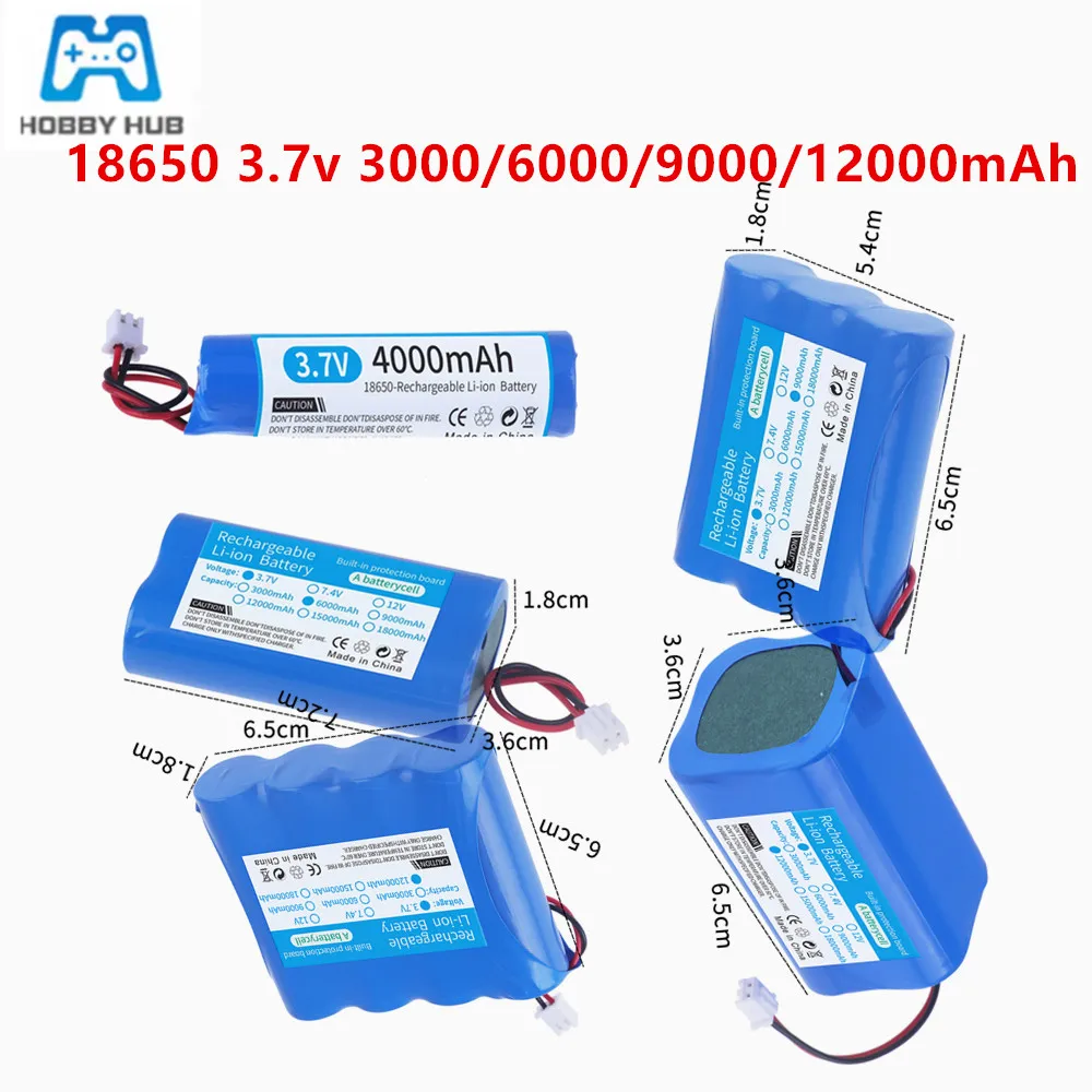 18650 Battery 3.7V 4000/6000MAH 12000mAh Lithium Rechargeable Battery Pack for LED Light Toy Beauty Salon Power Tool XH2.54 Plug