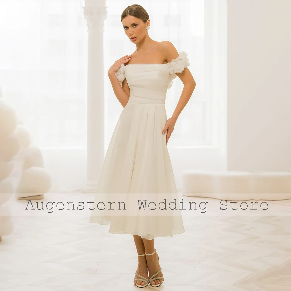 Vestido de novia Midi blanco con hombros descubiertos para mujer, vestidos de novia elegantes, línea A, flores 3D, longitud de té, 2024