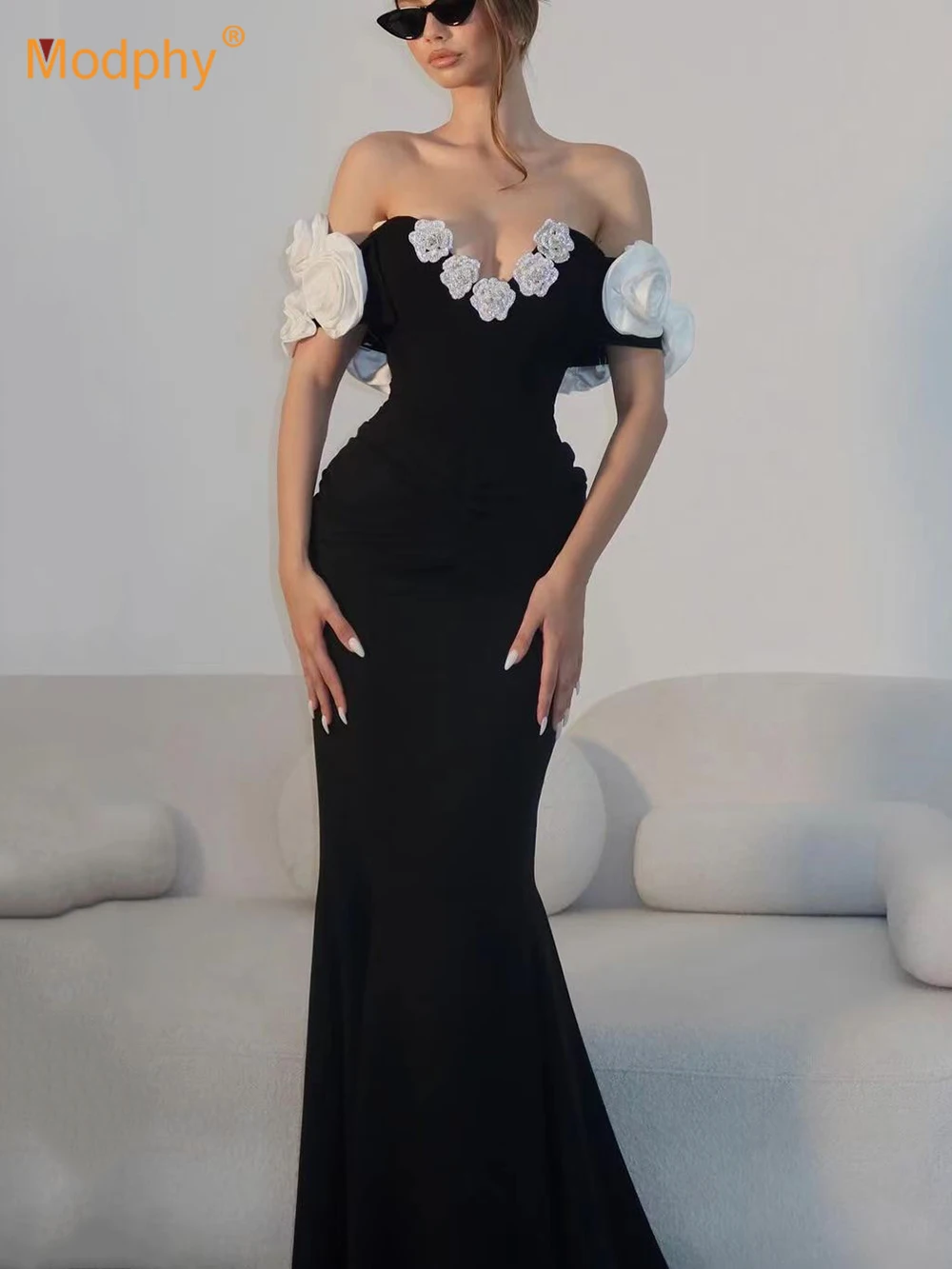 

Modphy Women Sexy Off Shoulder Flower Diamonds Black Mermaid Maxi Long Bandage Dress Elegant Evening Club Party Gowns 2024