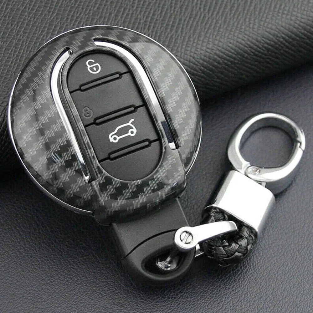 Carbon Fiber Car Key Case Full Cover Fob Shell Chain Ring For Mini Cooper Countryman Clubman F55 F56 F57 F60 F54