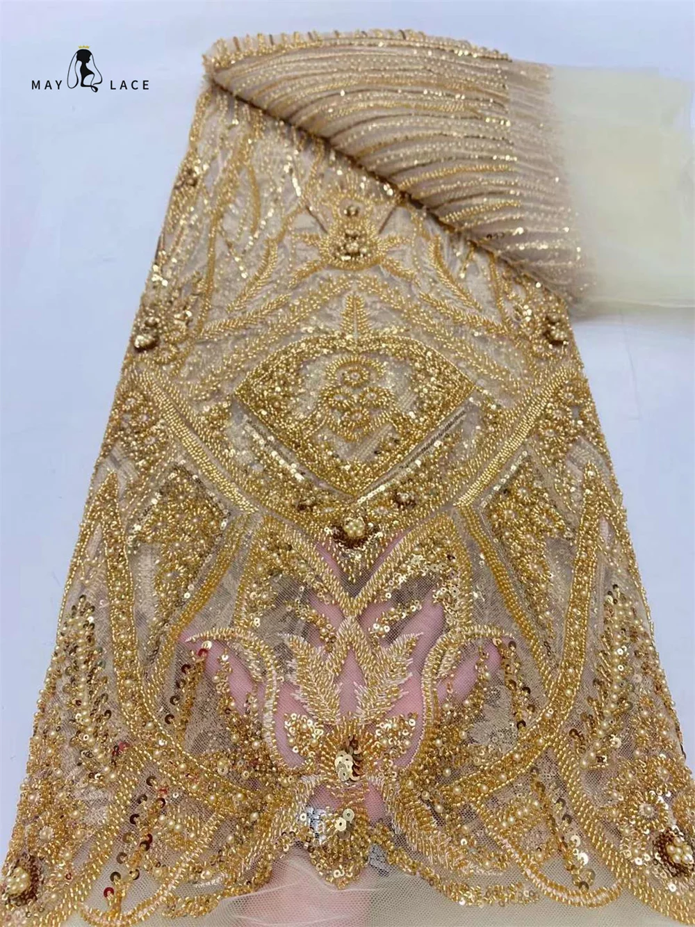 

Gold African Groom lace Fabric 2024 High Quality Lace Sequins Embroidery French Beaded Tulle Laces For Nigerian Wedding Dresses