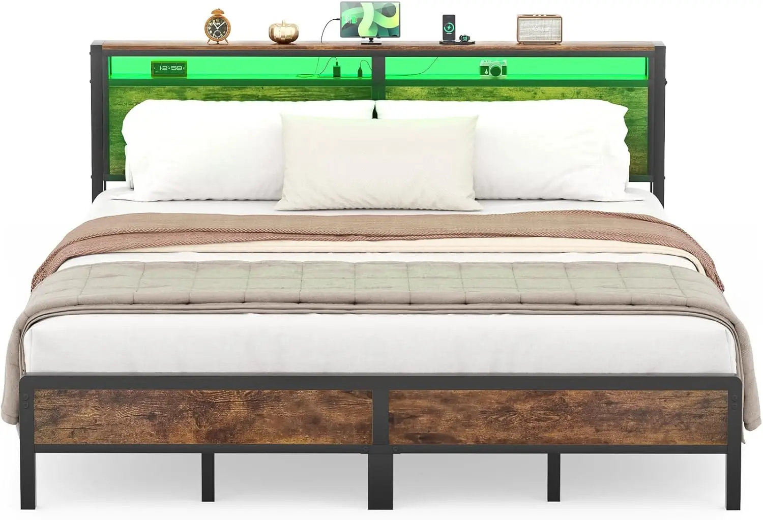 King Bed Frame with Charging Station and Led Lights, Industrial Metal Platform Bed with Storage Headboard, Steel Slat S