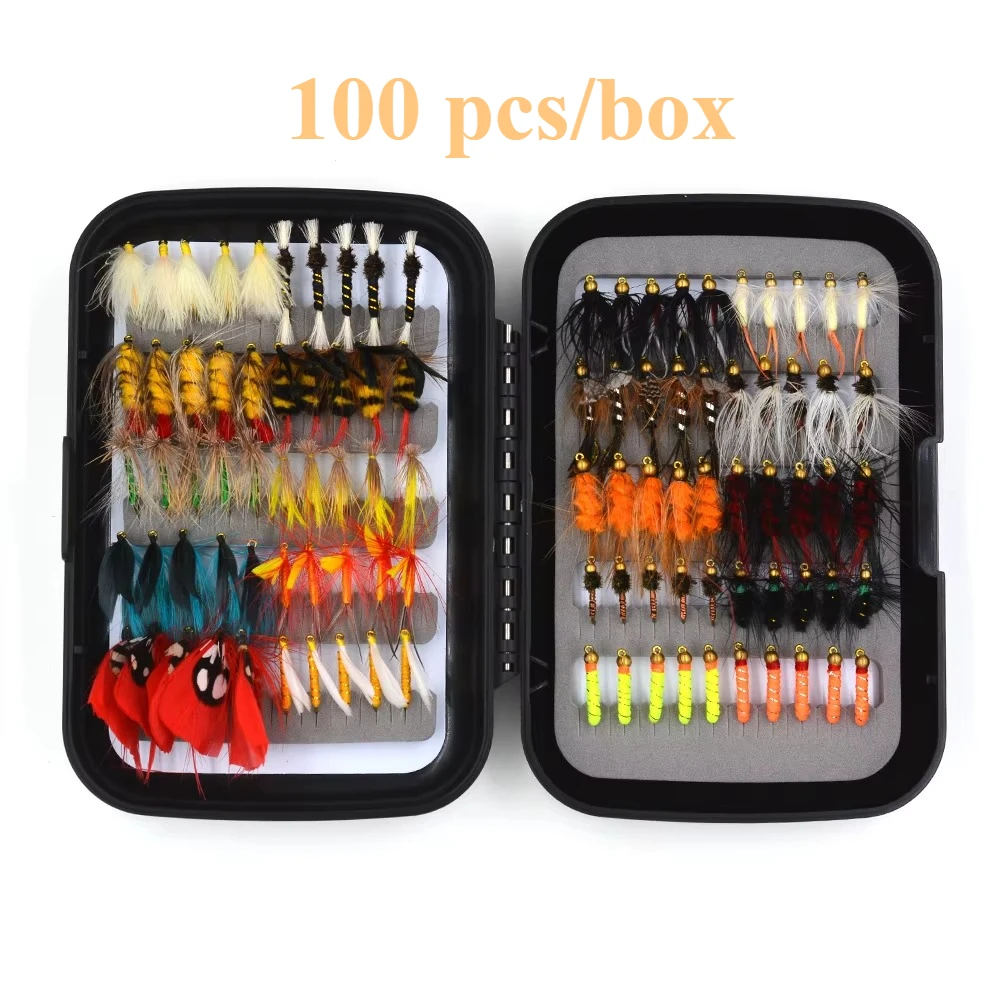 100個の手結びフライフィッシングルアーセット-高炭素鋼フック付きのドライ、ウェット、ニンフフライの卸売詰め合わせ
