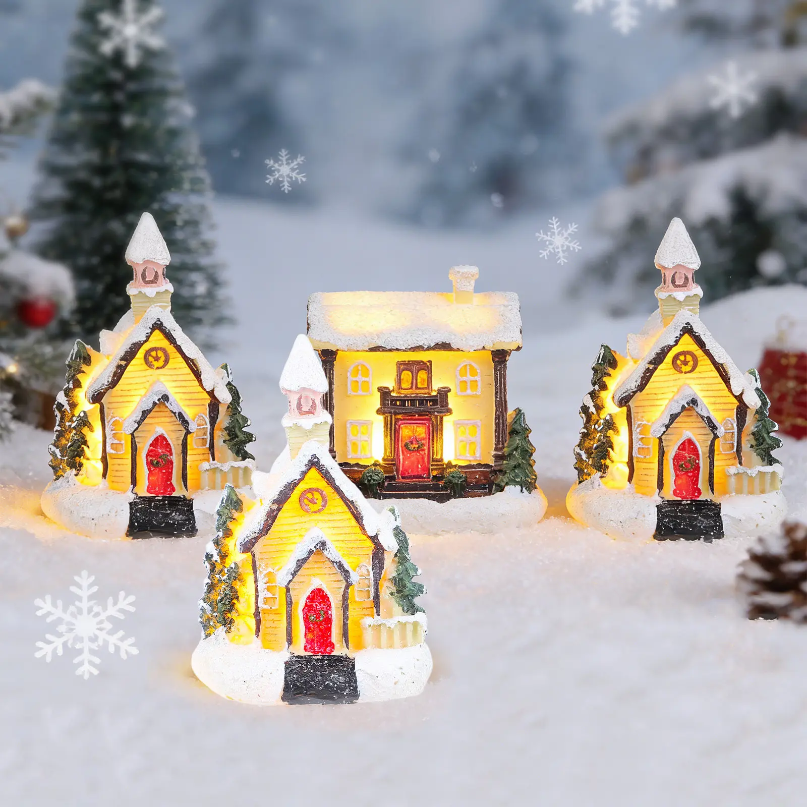 

Набор из 4 светящихся миниатюрных домиков из смолы: красочные украшения для рабочего стола, праздничные принадлежности, новогодний подарок, светящийся декор, миниатюрные домики-украшения