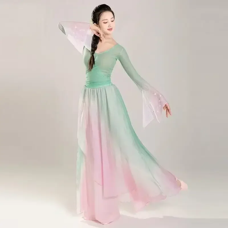 Classical dancer performance costumes chiffon practice dance clothes body long outer green pink Chinese style folk dance dress