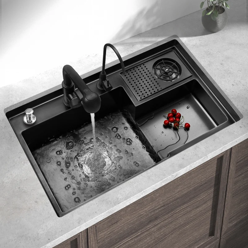 Nano Black Stepped Sinks 304 Stainless Steel Sink Vegetable Wash Basin High Pressure Cup Washer Kitchen Sink