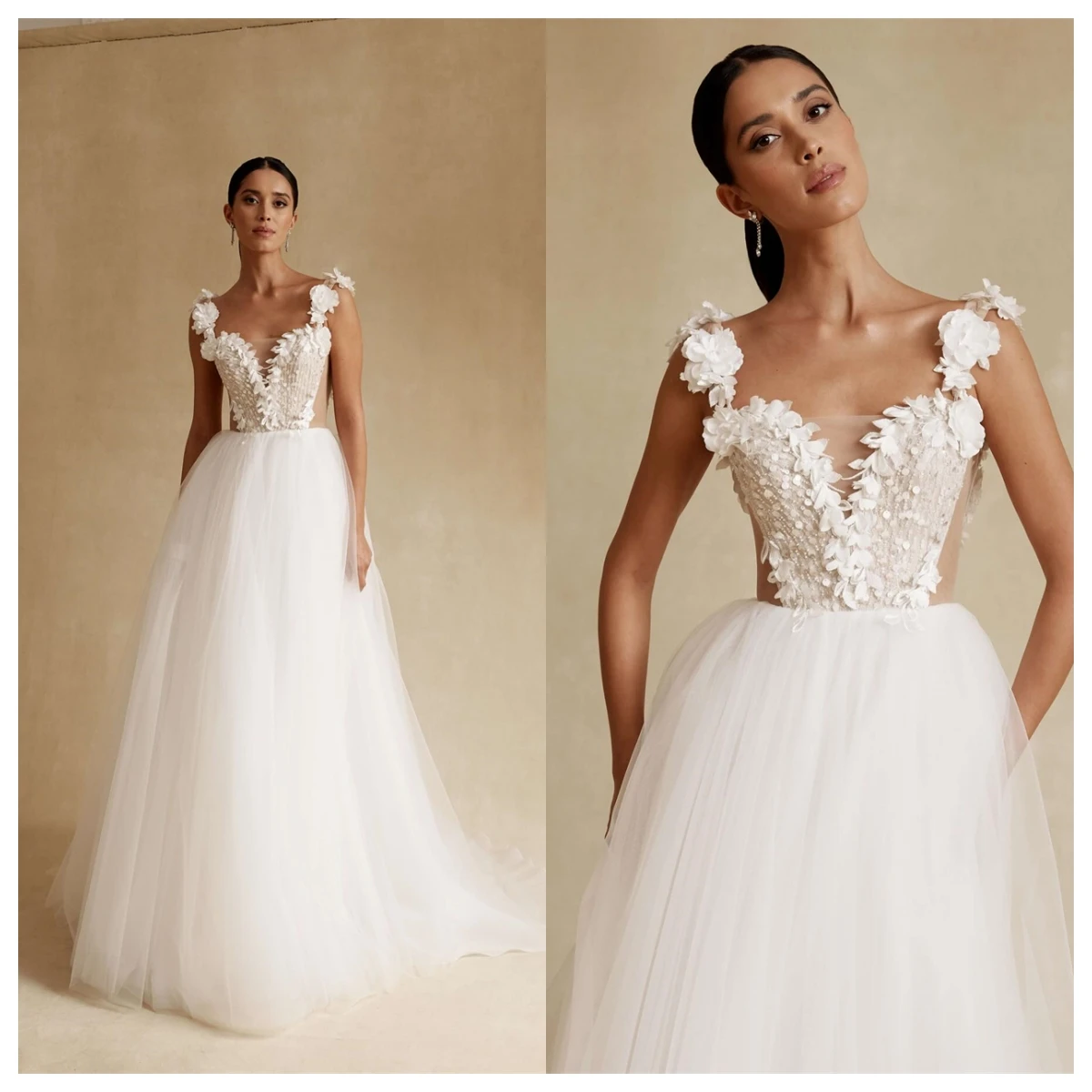 

Customized Exquisite White Tulle Evening Dress Square Collar Cap Sleeve Sleeveless Bridal Gowns Flowers Bridal Party F