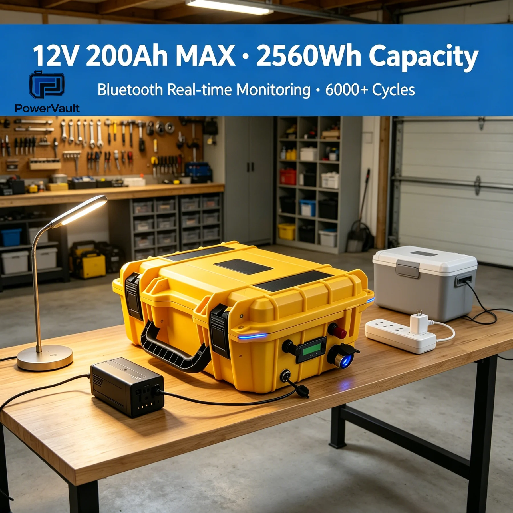 12V 60-200Ah LiFePO4 Battery Power Built-in BMS Bluetooth Waterproof Case 14.6V 10A Charger for RV Boat Solar Inverter Camping