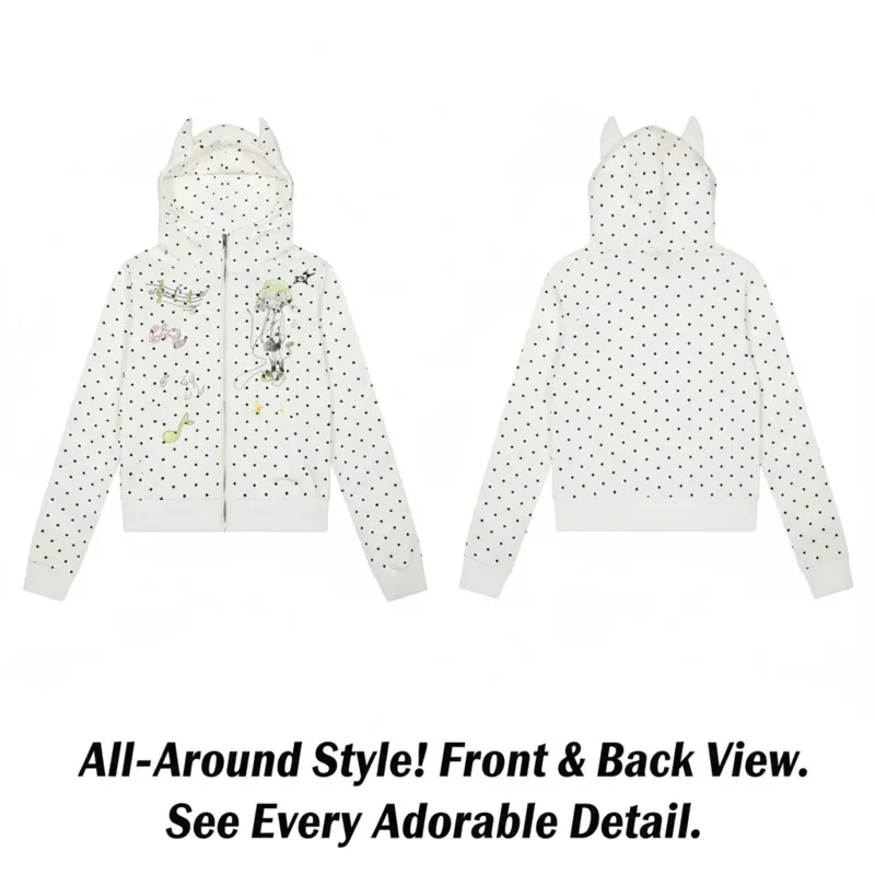 Music Y2K Polka Dot Hoodie Autumn Winter Aesthetic Hooded Sweatshirt Cute Printed Graphic Outerwear Sweet Girl Jacket Casual New