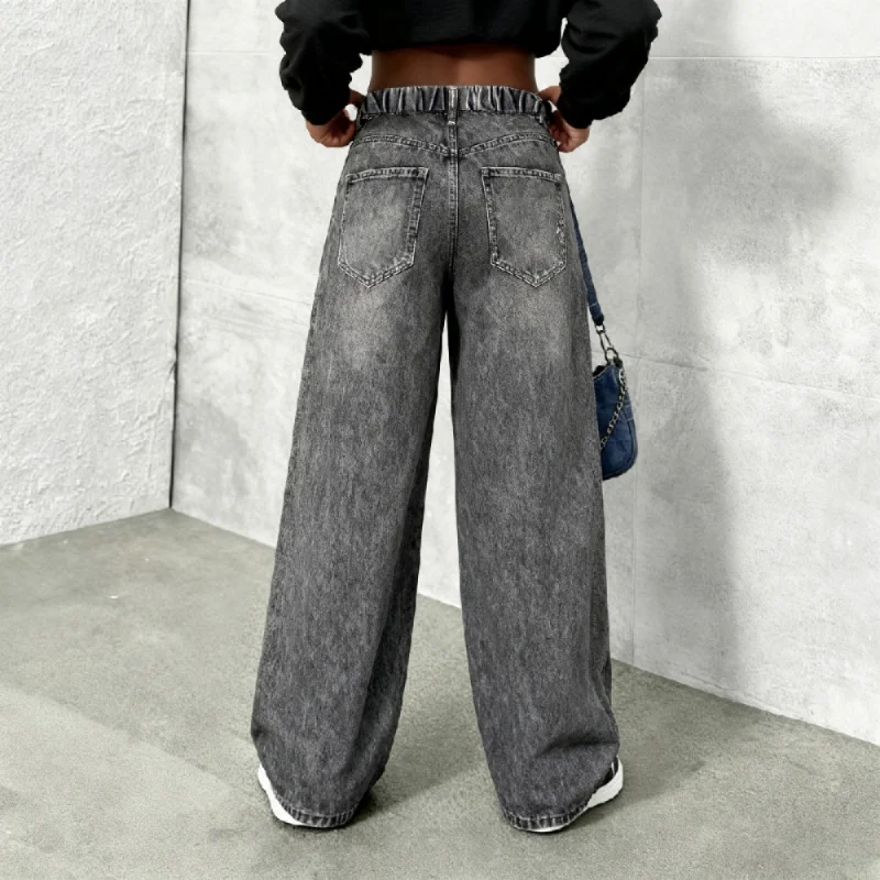 جينز صناعي واسع الساق مطبوع عليه رسوم كرتونية Y2K للفتيات - جينز صناعي فضفاض مناسب للمراهقين مع وجه مبتسم وفراشة ودب P #2