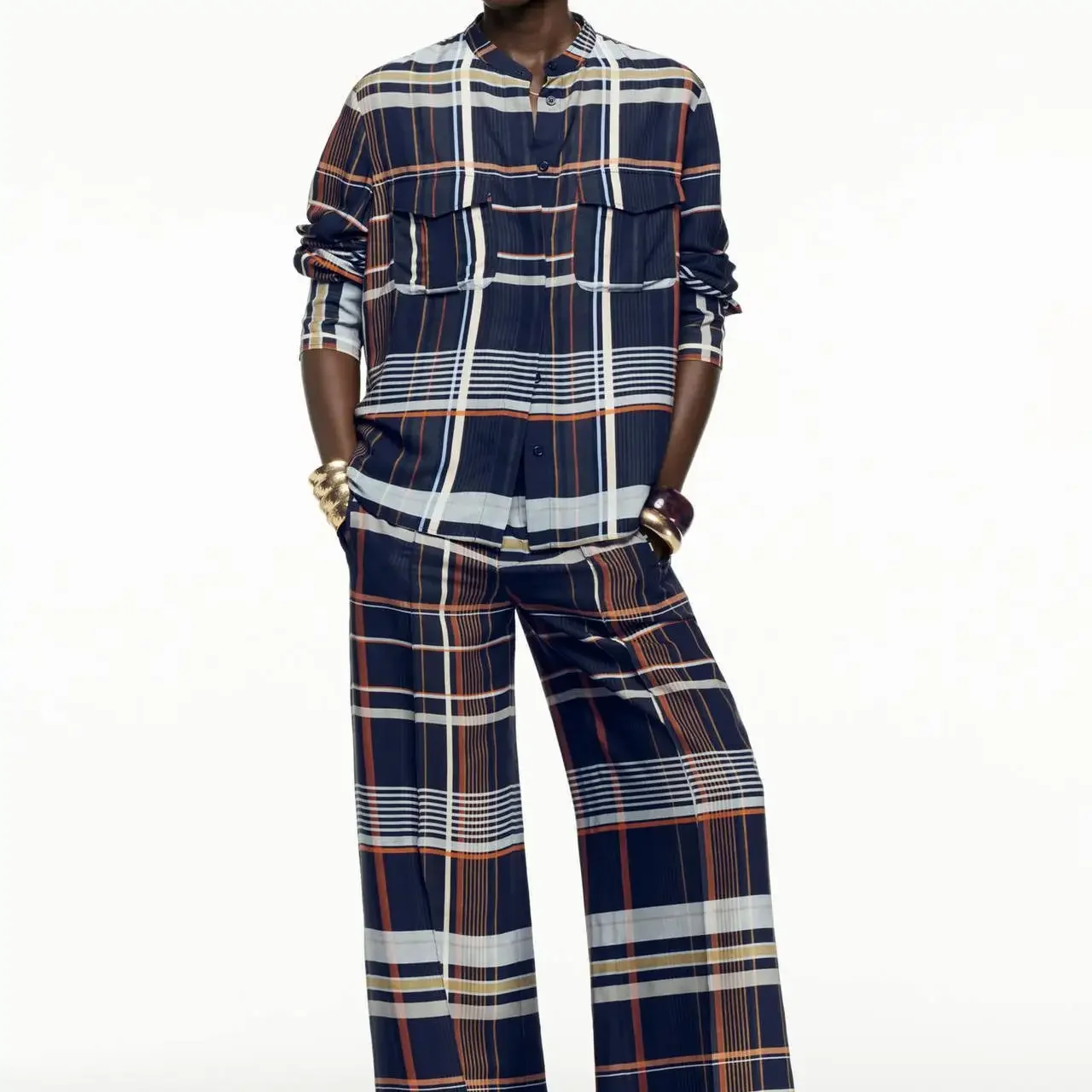 قميص جيب منقوش أوروبي وأمريكي لخريف 2025 + طقم سراويل منقوشة #2