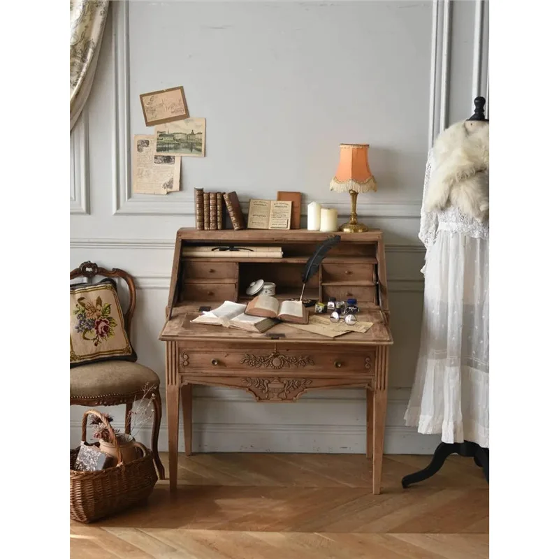 French Vintage Dresser Bedroom Flip with Pumping Storage Folding Writing Table Engraved Chest