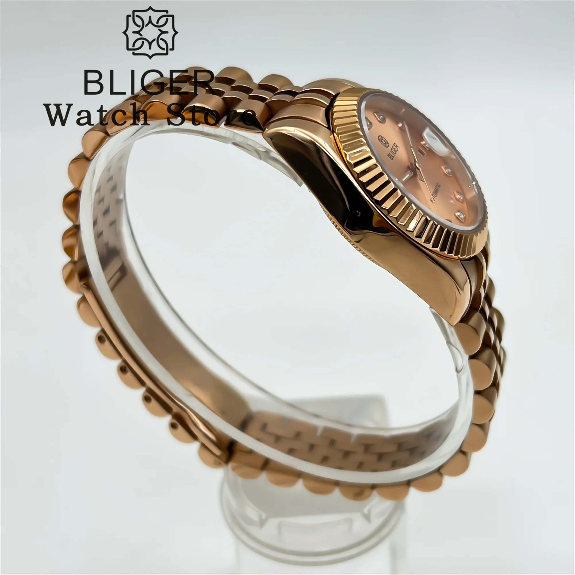 BLIGER 여성용 손목시계, NH05 오토매틱 무브 로즈 골드 시계, 스틸 케이스, 사파이어 사이클롭 플루트 베젤, 비즈니스 소녀 시계, 31mm