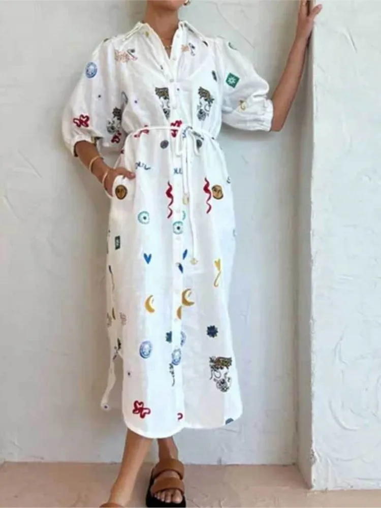 

New Fashion Printed Lapel Long Waist Tie Shirt Dress Women's Summer Temperament High Waist Elegant Style Lazy Casual Dress