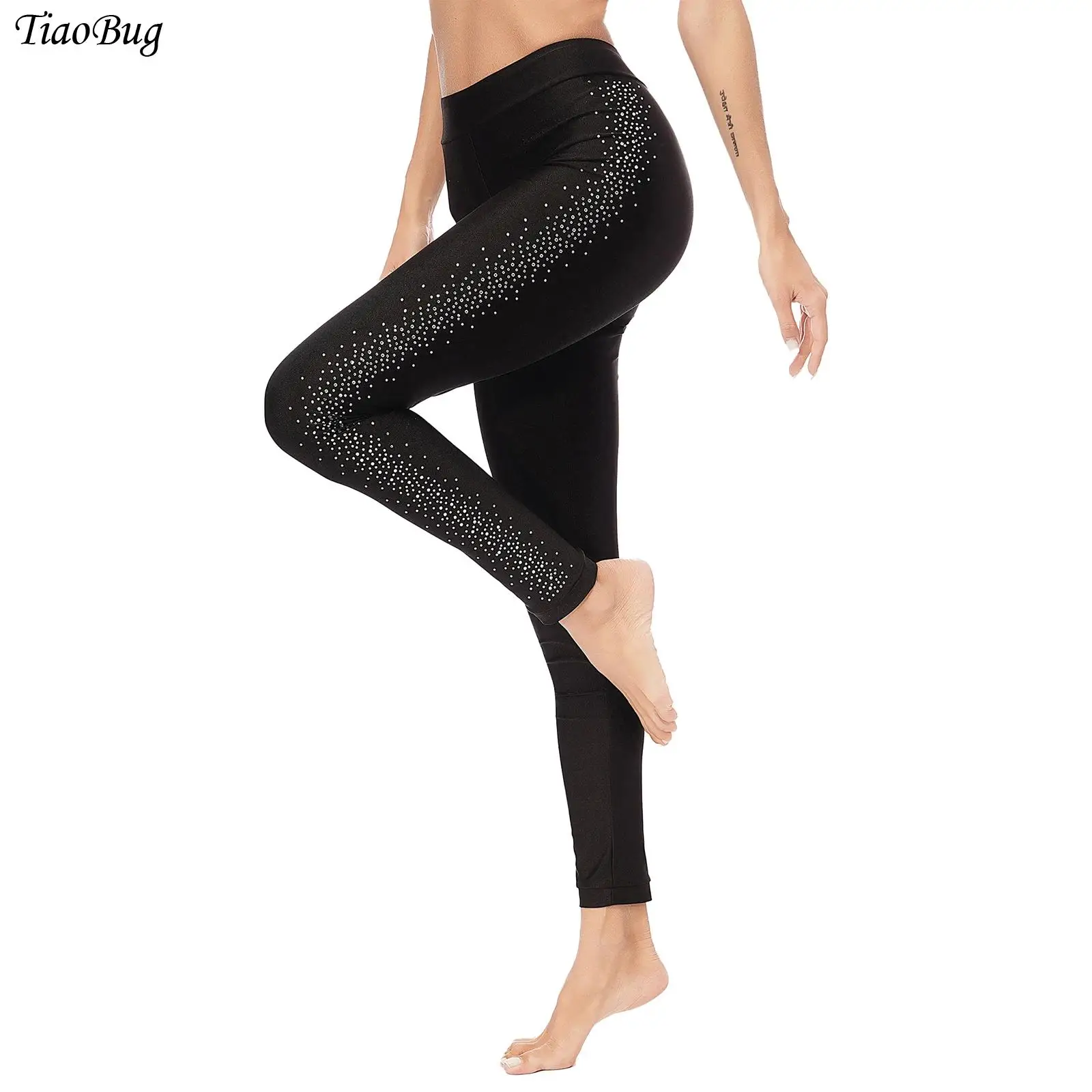 

Womens Gymnastics Figure Skating Leggings Pants High Waist Elastic Waistband Sparkly Rhinestones Trousers for Dance Performance