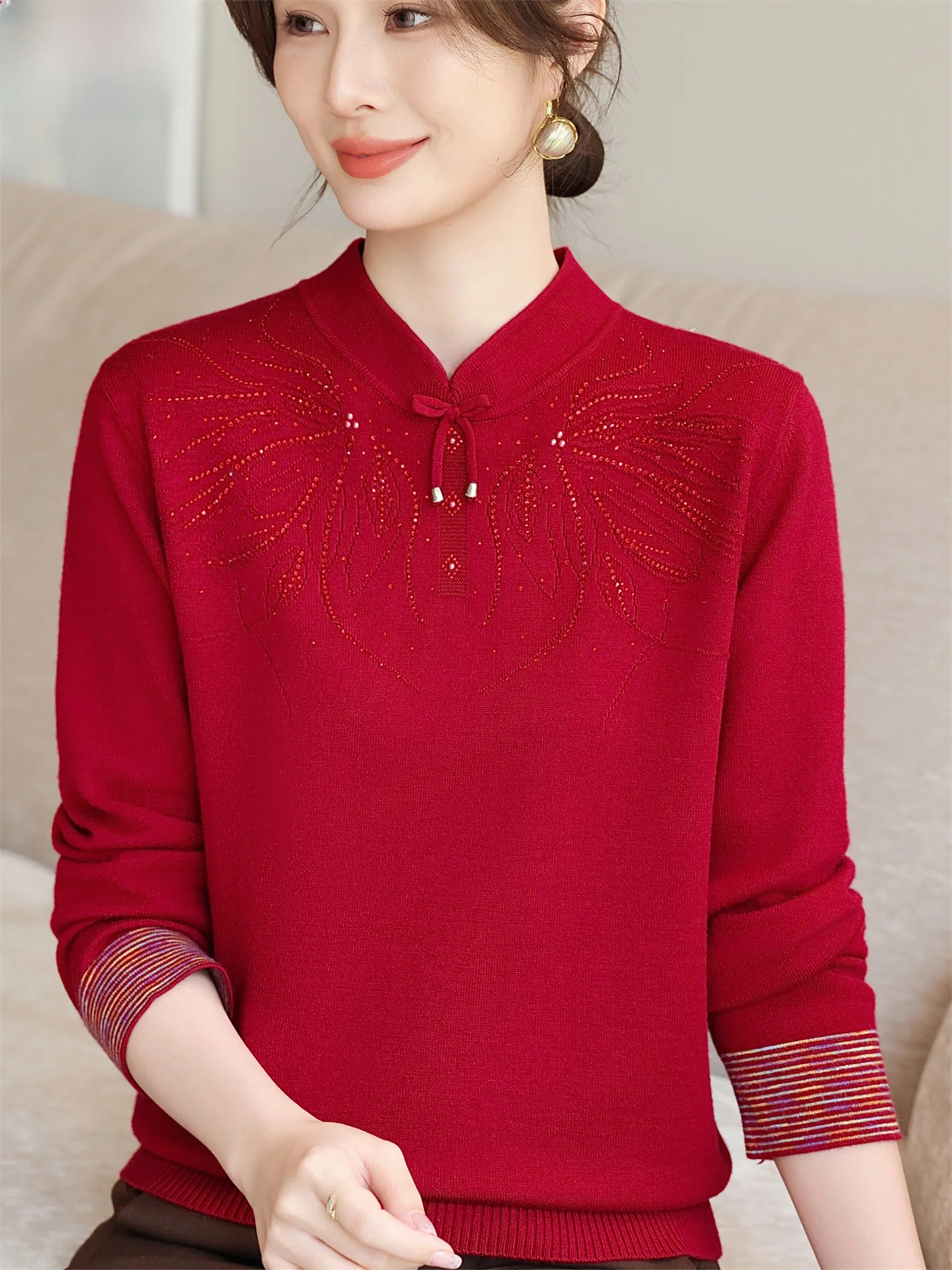 

Весенне-осенний новый вязаный шерстяной топ Sle Long Sve для женщин среднего возраста, модный базовый слой, женская одежда