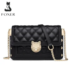 FOXER Women Split Leather Messenger Bags New Designe Lady Stylish Chains Lattice Shoulder Crossbody Bag Female Classical Flap