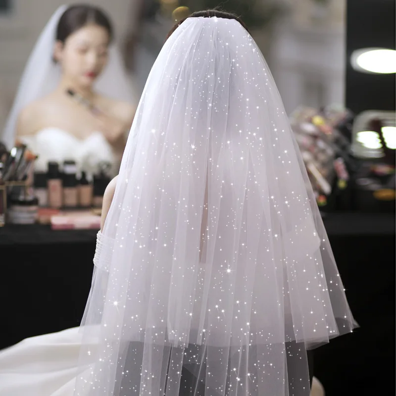 Bride Wedding Veil Fine Flash Wedding Ceremony Senior Sense Double Pongee Medium Long Veil