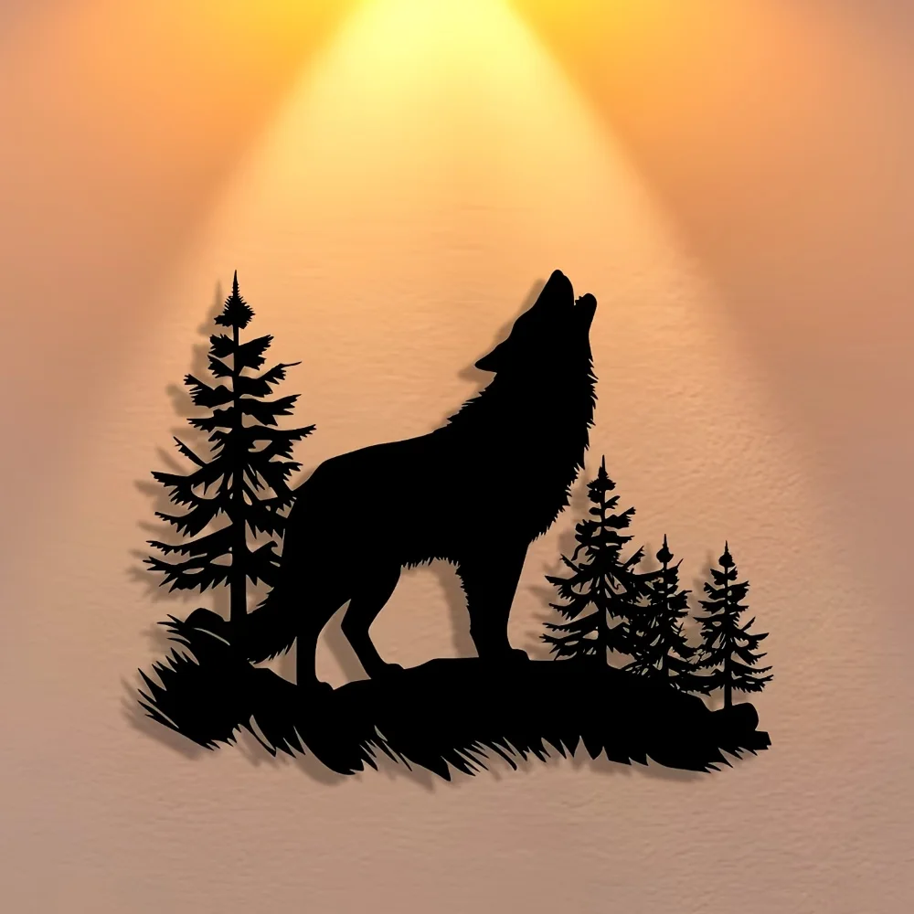 Howling Wolf Forest Metal Wall Decor, Minimalist Iron Wildlife Silhouette Wall Art for Cabin Living Room Patio