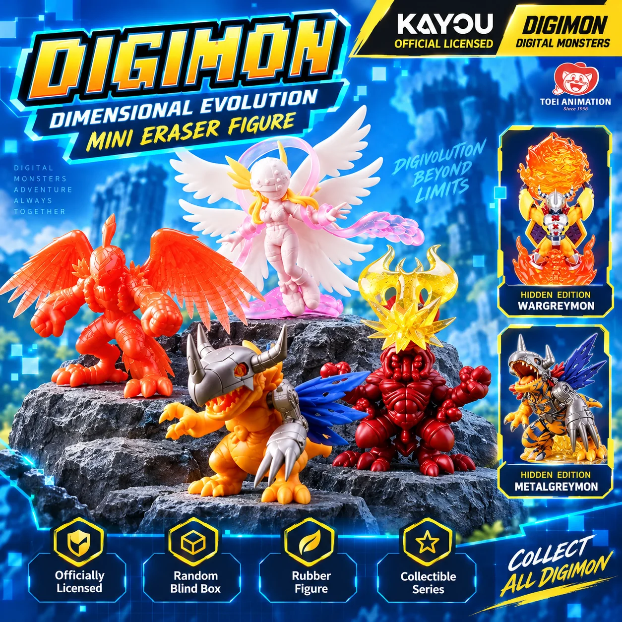 KAYOU Digimon Dimensional Evolution Mini 3D Eraser Figure Blind Box Random Character Collectible Anime Desk Toy