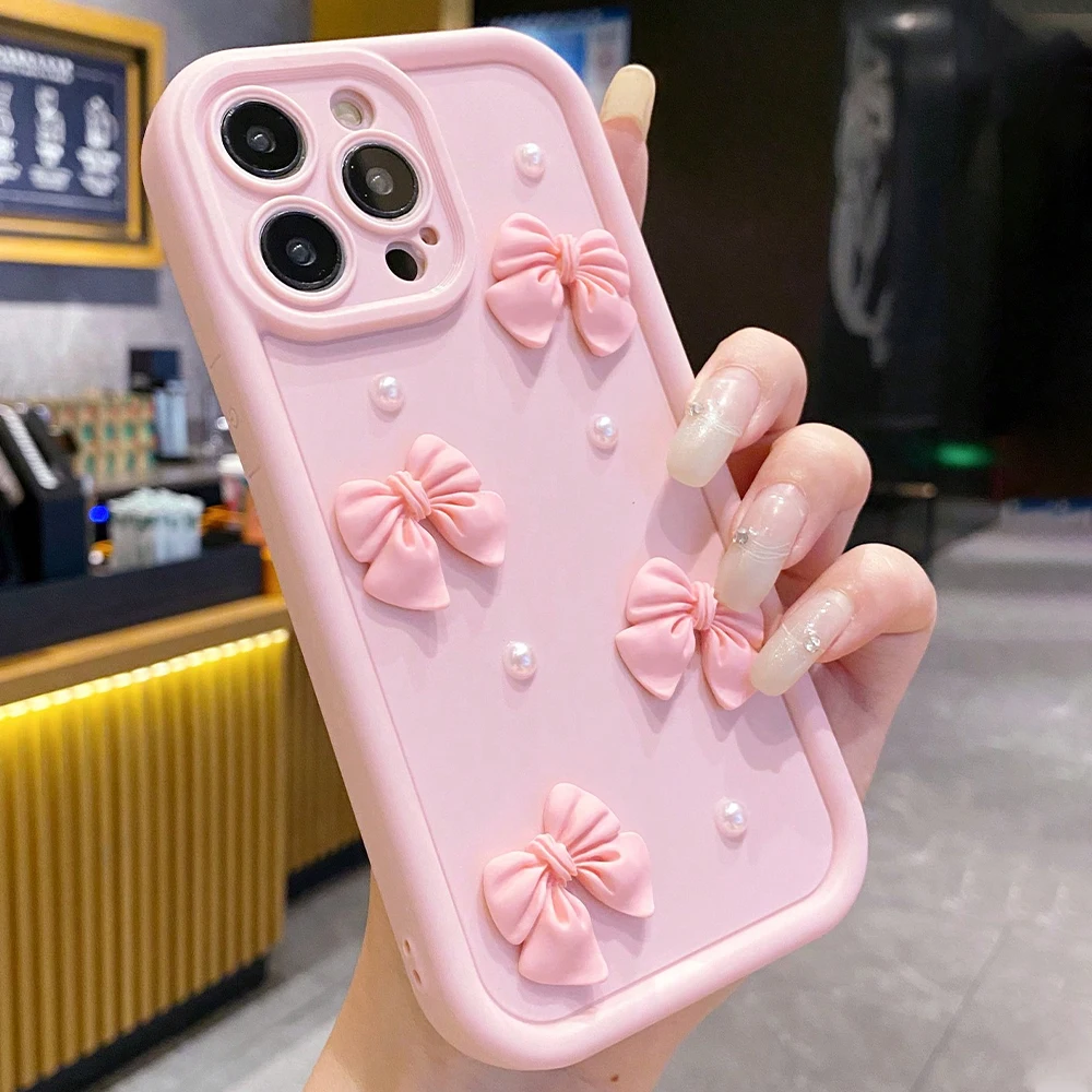 Koreanische 3D-Schleifen-Perlen-Handyhülle für iPhone 13 14 15 16 17 Pro Max 14 13 12 11 Pro XS 7 8 Plus Stoßfeste Matte Silikonhülle – Detail 4