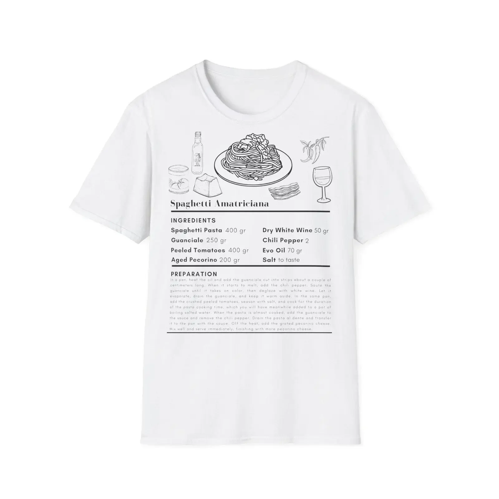 Spaghetti Amatriciana Recipe T Shirt Italian Cuisine Foodie Chef Casual Cotton Top for Pasta Lovers vintage Washed
