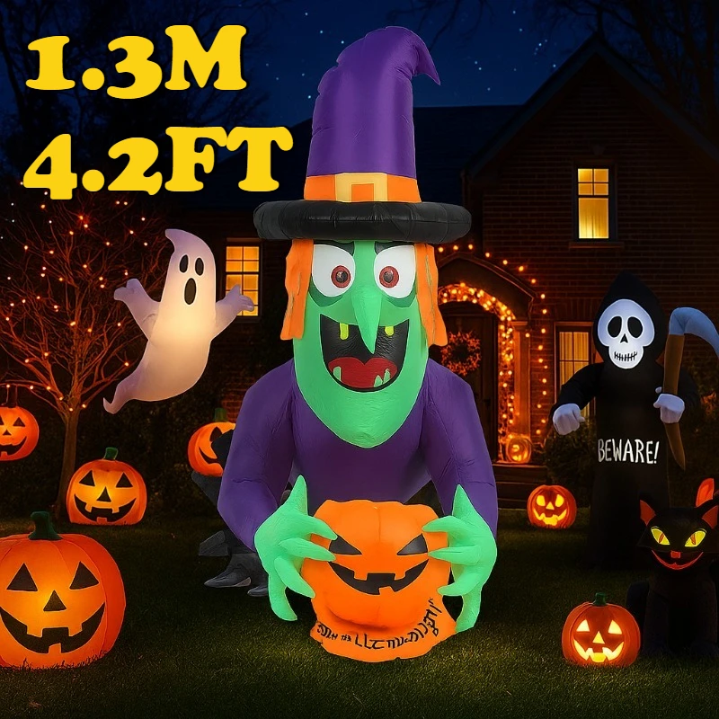 

4.2FT Outdoor Holiday Decoration Witch Inflatable Toy Halloween Ornament Built in LED Lights Outdoor Garden Yard Pathway Decor
