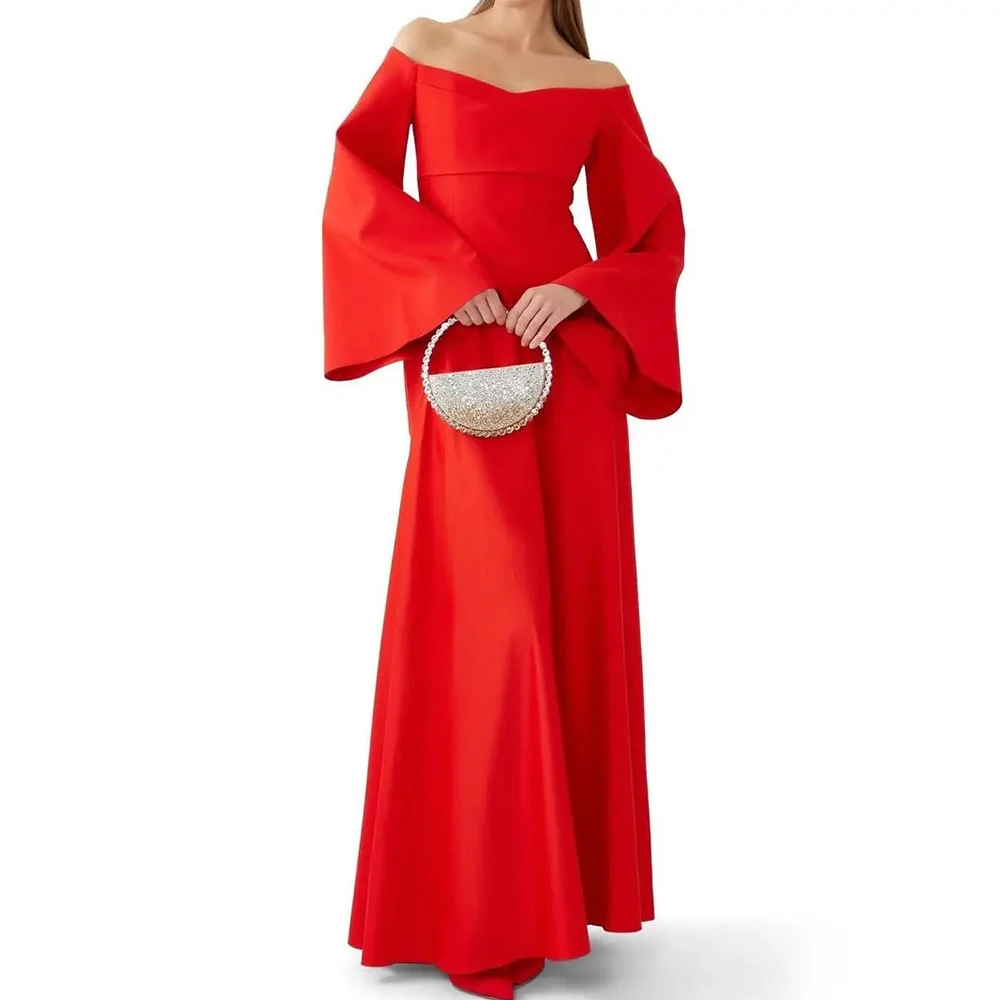 Classic Red Straight Floor Length Off the Shoulder Satin Long Sleeves Evening Dress Prom Dress Pleats Empire flare sleeve