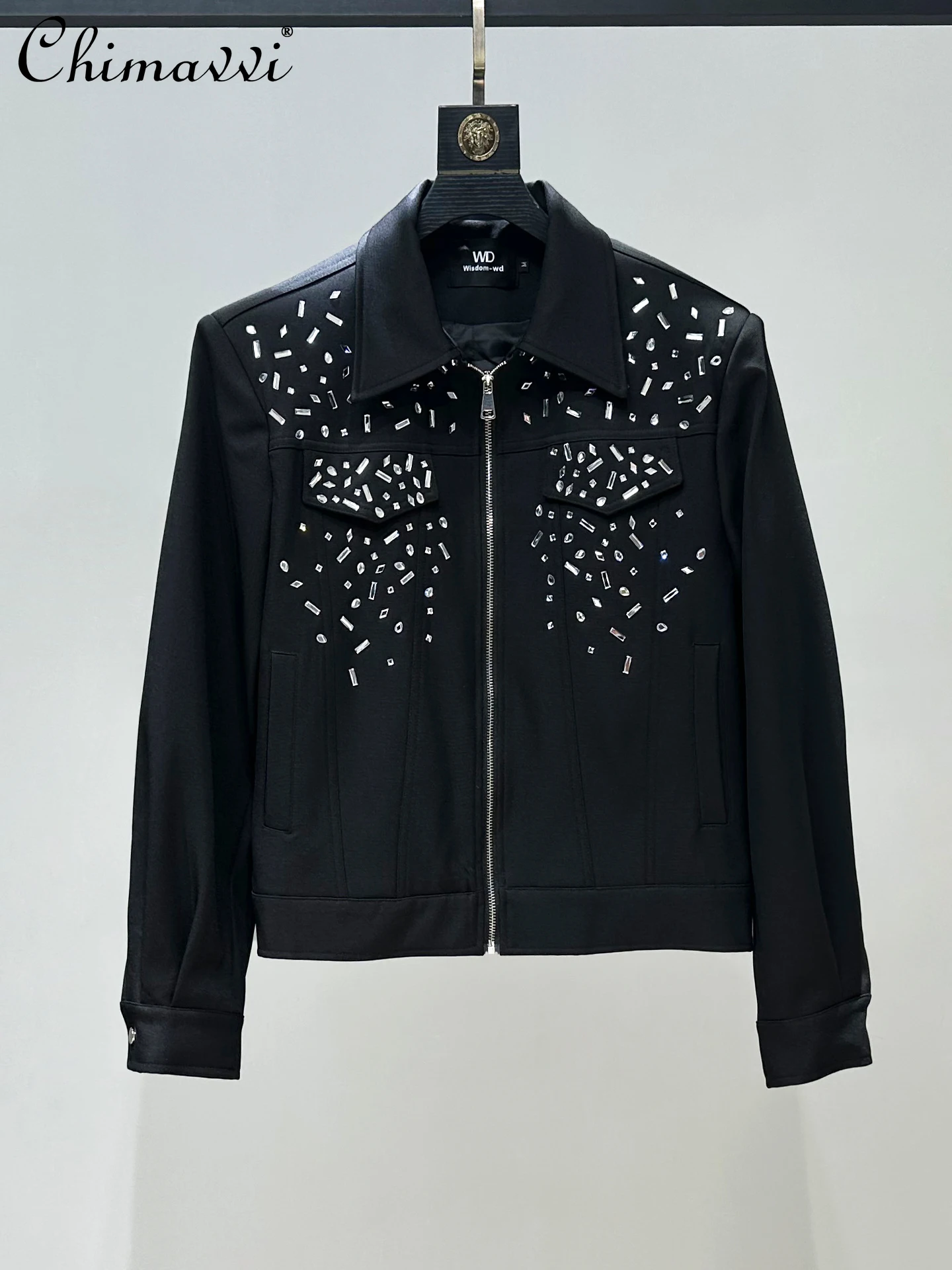 

2025 Autumn Streetwear High-end Versatile Casual Men's Coats Lapel Long Sleeve Rhinestone Black Motorcycle Short Jackets Top Men